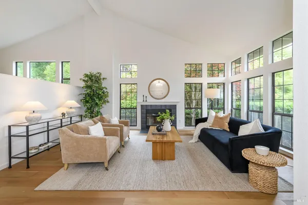 a living room with furniture a lamp a rug and a large window