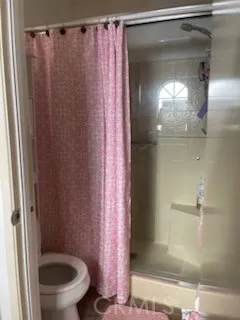 a bathroom with a shower and a toilet