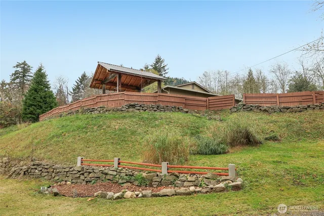 a view of a swimming pool with a yard