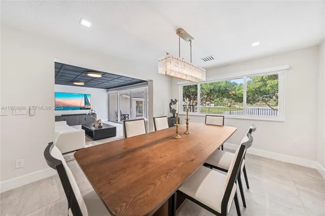 a view of a dining room with furniture window and outside view