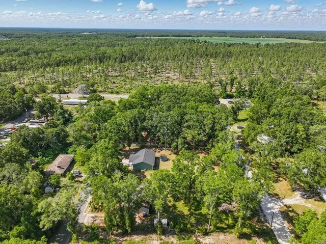 an aerial view of residential house with outdoor space and trees all around