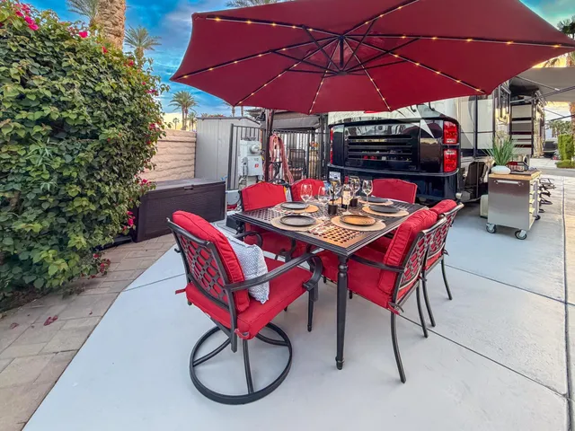 an outdoor space with furniture