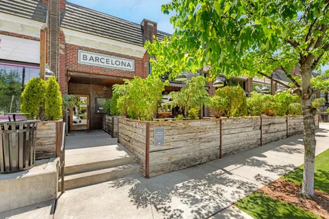 a view of a street with potted plants