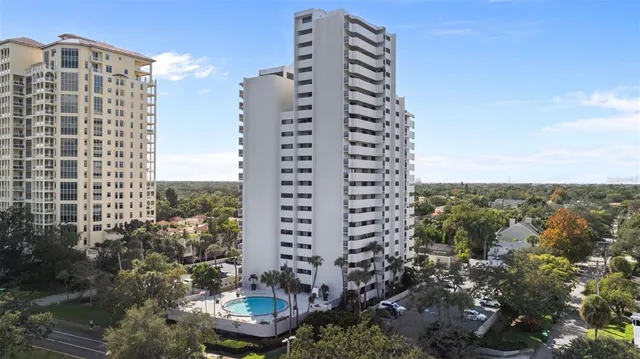 a city view with tall buildings