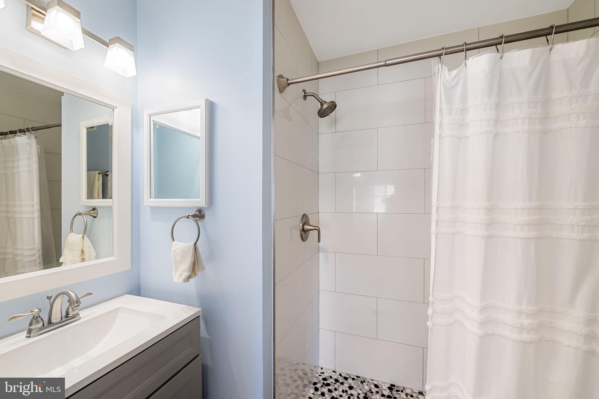 120 West Barre Street, Unit R 042 Baltimore, MD 21201 - Photo 14 of 32 a bathroom with a shower curtain a sink and a mirror