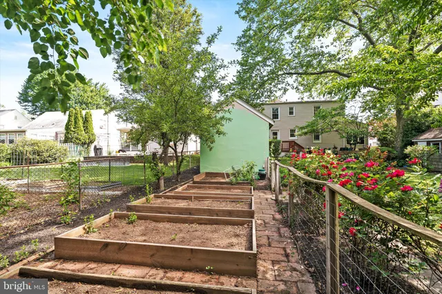 a view of a garden with wooden fence