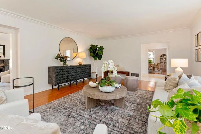 a living room with furniture a rug and a potted plant