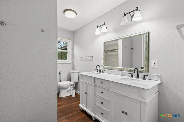 a bathroom with a double vanity sink a toilet and a mirror