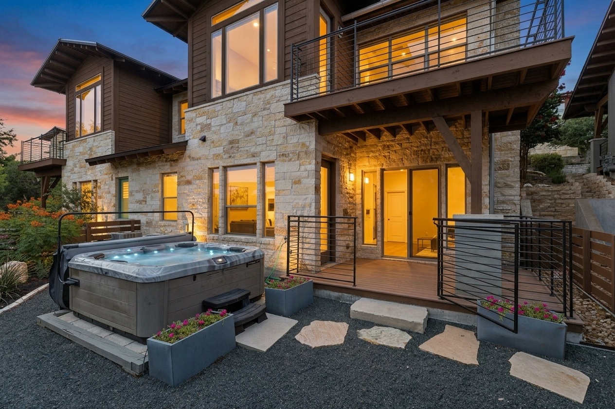 8110 Ranch Road 2222, Unit 68 Austin, TX 78730 - Photo 14 of 24 An inviting private outdoor spa and deck create a relaxing evening oasis.
