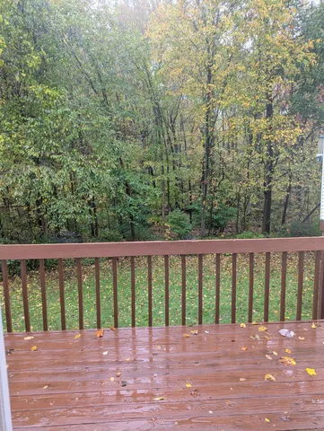 a view of a wooden deck with a forest