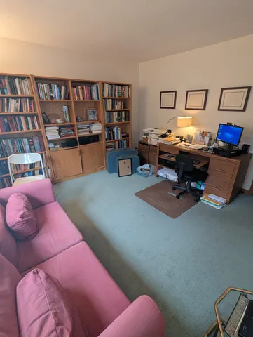 a bedroom with furniture and a book shelf
