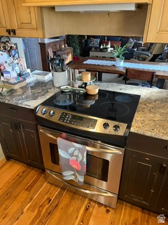 983 Grindelwald Lane, Unit O4 Midway, UT 84049 - Photo 3 of 14 Stainless steel range with a black glass cooktop, set within a granite-finish countertop