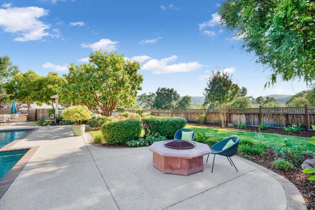 a view of a backyard with sitting area