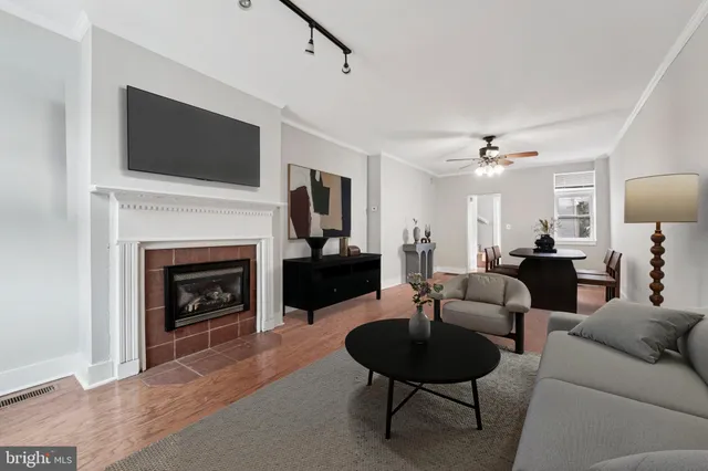 a living room with furniture a fireplace and a flat screen tv