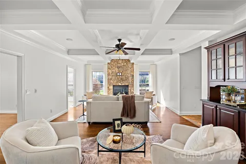 a living room with furniture a fireplace and a chandelier