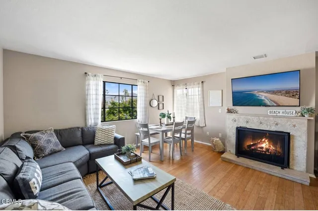a living room with furniture a flat screen tv and a fireplace