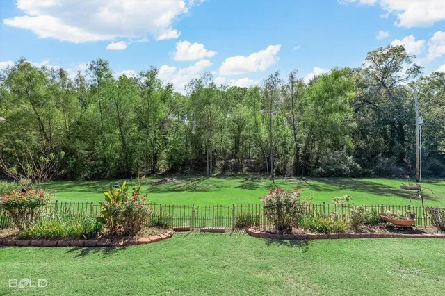 a garden view with a fountain