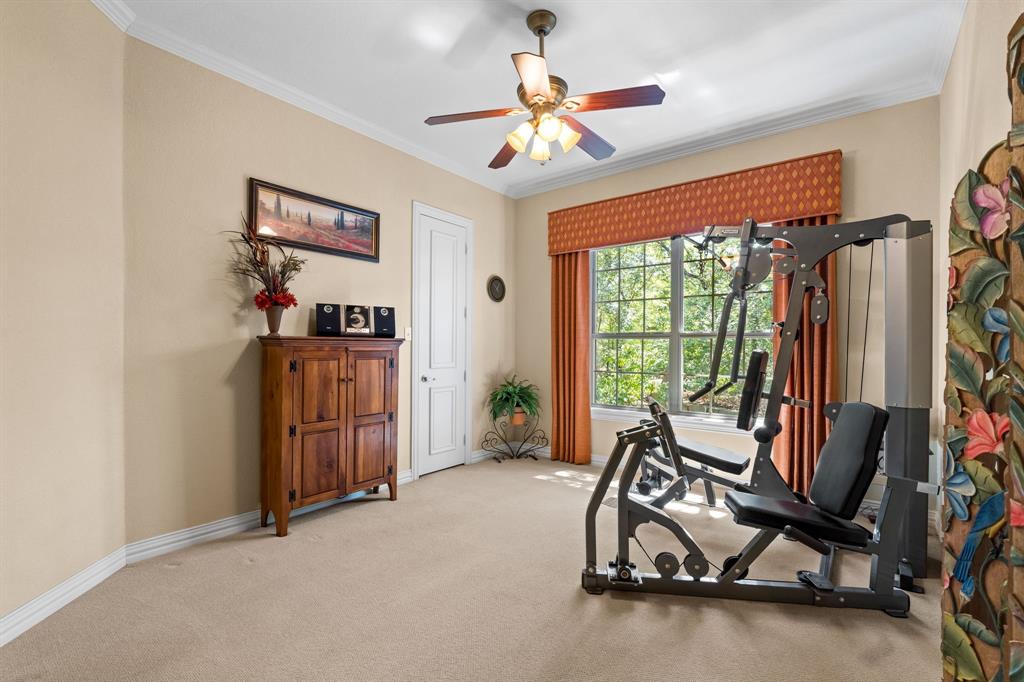 10072 Bluffview Circle Pilot Point, TX 76258 - Photo 9 of 38 Workout room featuring crown molding, carpet floors, and a ceiling fan