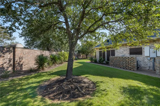 an aerial view of a house with a yard and potted plants