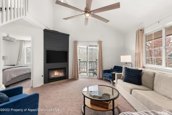 a living room with furniture a flat screen tv and a fireplace