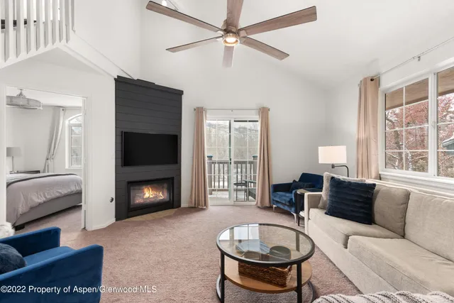 a living room with furniture a flat screen tv and a fireplace