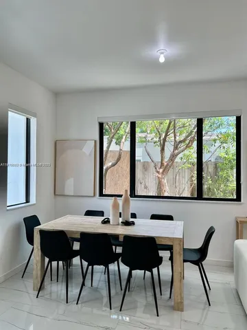 a view of a dining room with furniture window and outside view