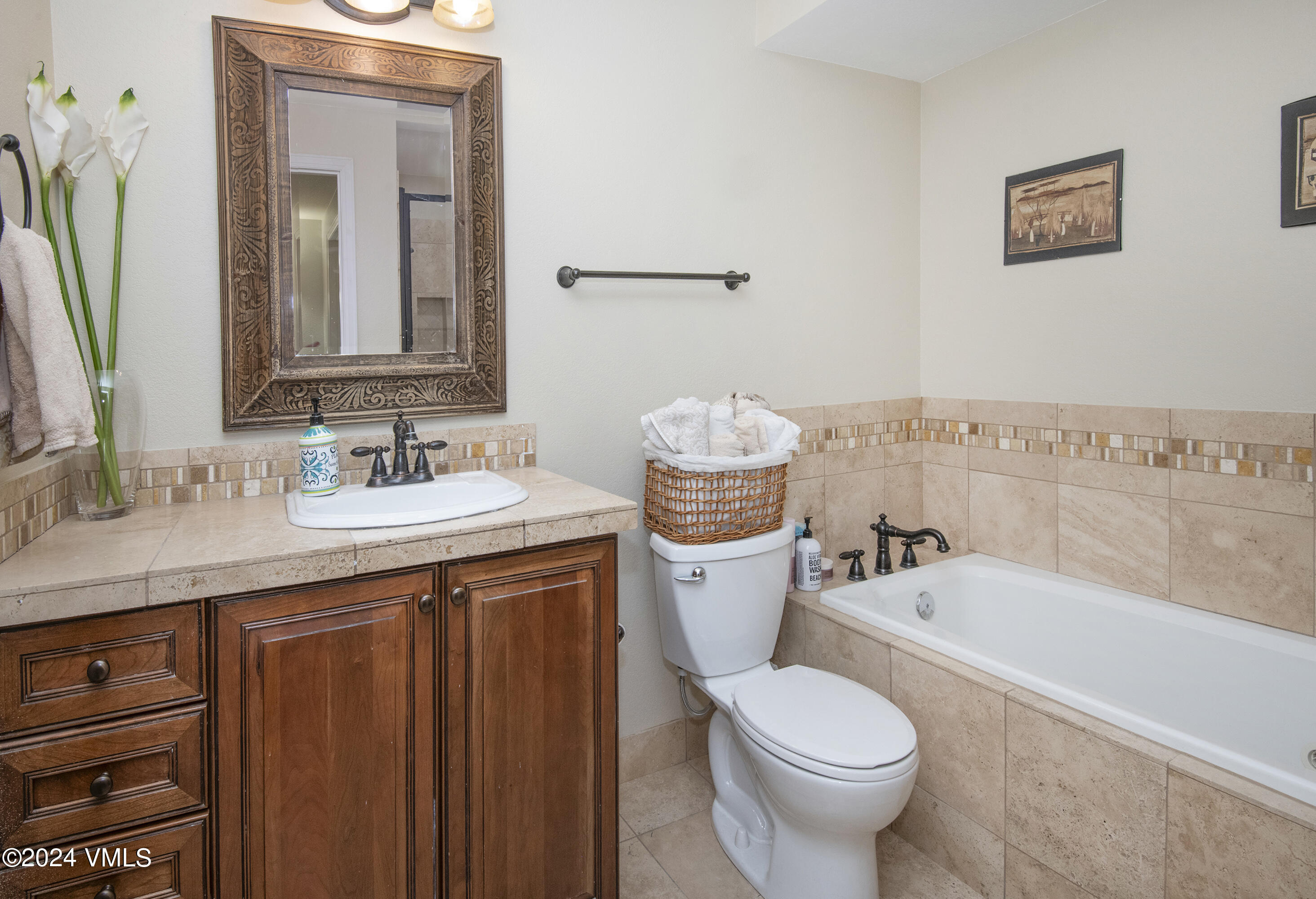 216 Mayer Street Eagle, CO 81631 - Photo 35 of 51 a bathroom with a granite countertop toilet a sink and a bathtub