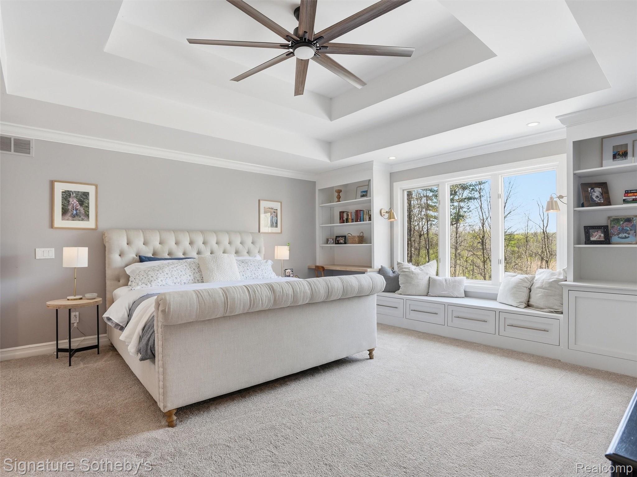 1595 Carriage Way Rochester, MI 48307 - Photo 59 of 78 Bedroom featuring light carpet, a ceiling fan, ornamental molding, a raised ceiling, and recessed lighting