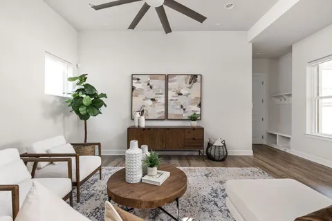 a living room with furniture and a potted plant