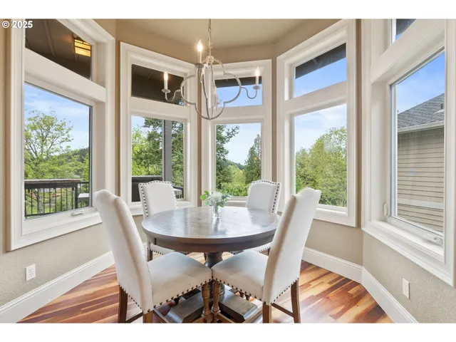 a view of a dining room with furniture window and outside view