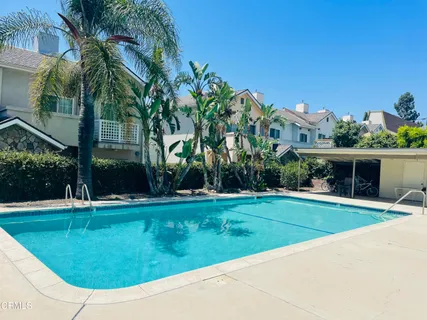 a view of a swimming pool with a yard and palm trees