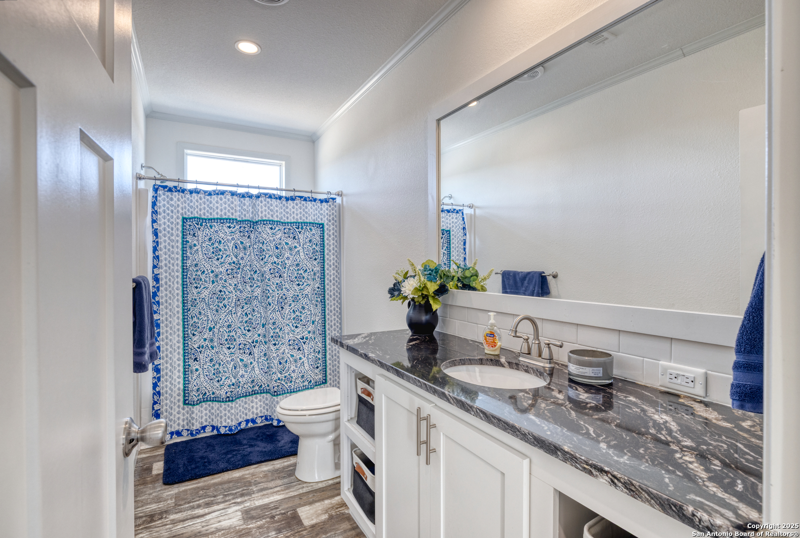 3049 North Little Creek Road Utopia, TX 78884 - Photo 22 of 38 a bathroom with a granite countertop sink a toilet and shower