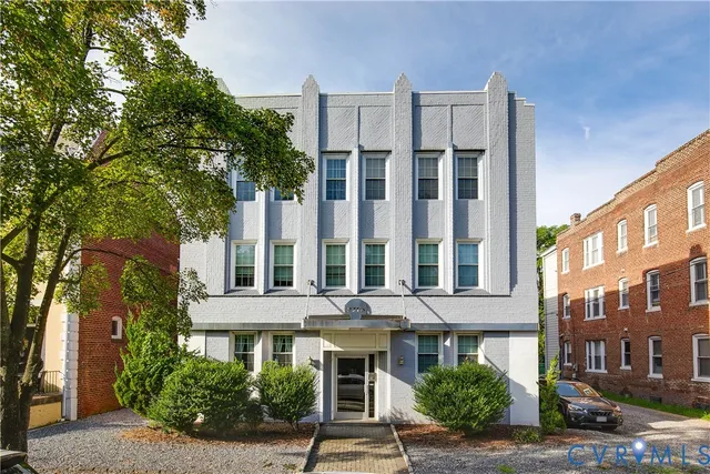 front view of building with a street