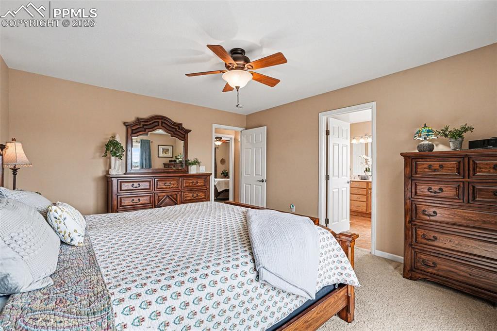 459 Bowie Road Penrose, CO 81240 - Photo 20 of 47 The primary suite features soft carpet flooring with a walk out to a deck and a hot tub & 5-piece bath showcasing stunning views.