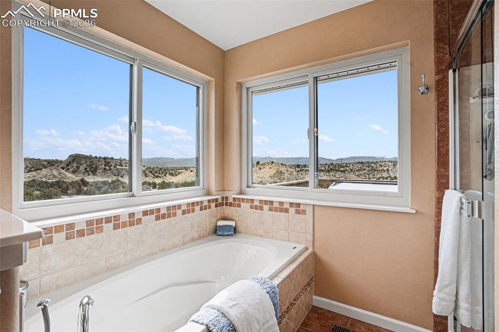 459 Bowie Road Penrose, CO 81240 - Photo 21 of 47 The primary bathroom is luxurious and spacious, featuring a five-piece layout with a soaking tub, separate shower, dual vanities, and private toilet area. Large windows provide natural light and serene views of the surrounding open space and mountains, creating a bright and relaxing retreat.