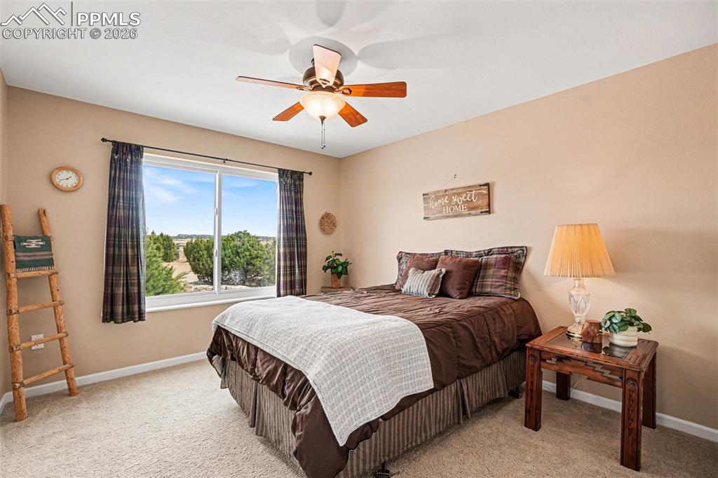 459 Bowie Road Penrose, CO 81240 - Photo 23 of 47 The second bedroom on the main level is bright and spacious, featuring ample natural light and carpeted flooring. Its open layout makes it ideal for a guest room, home office, or flexible living space, conveniently located near a full bathroom for easy access.
