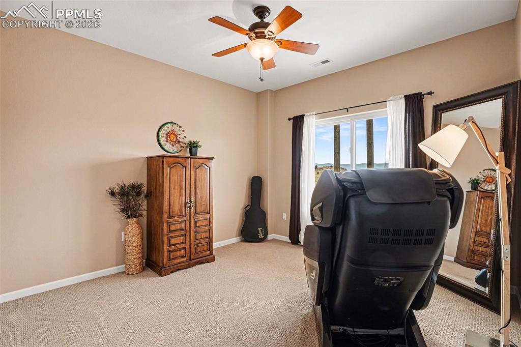 459 Bowie Road Penrose, CO 81240 - Photo 29 of 47 The 2nd basement bedroom is spacious and versatile, featuring ample natural light and carpeted flooring. They are ideal for guests, family, or a home office, conveniently located near the basement bathroom and large family room for added comfort and functionality.