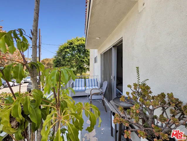 a view of a backyard with chairs potted plants