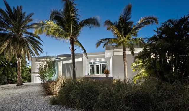a view of a palm trees front of house