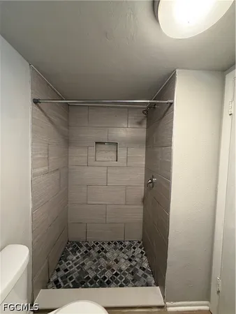 a bathroom with a shower and toilet