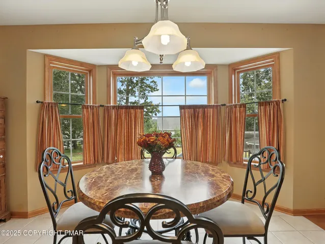a view of a dining room with furniture window and outside view