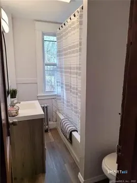 a bathroom with a sink a toilet a mirror and shower