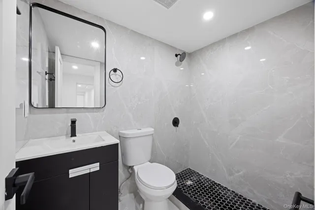 a bathroom with a sink a toilet a shower and a mirror