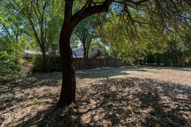 a view of a yard with large trees