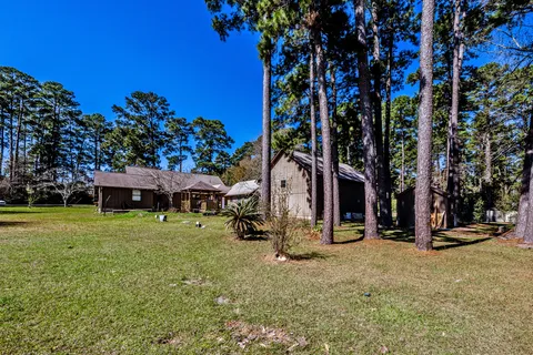 an aerial view of a house with a yard and large trees