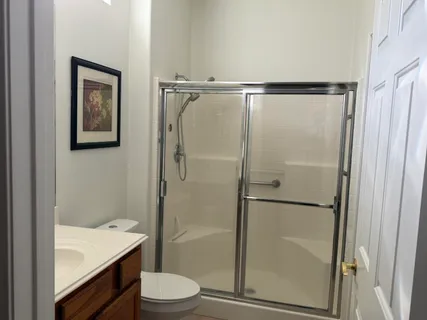 a bathroom with a shower and a toilet