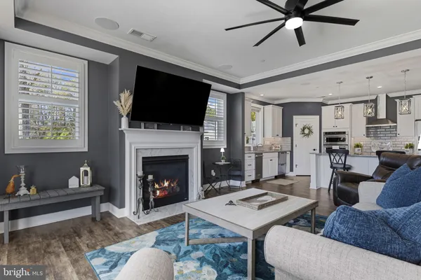 a living room with furniture a flat screen tv and a fireplace