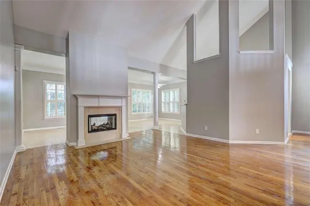 a view of a livingroom with wooden floor