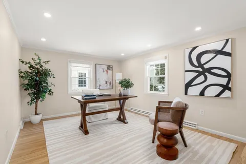 a living room with furniture and a potted plant