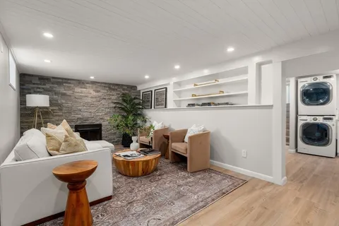 a living room with furniture and a potted plant